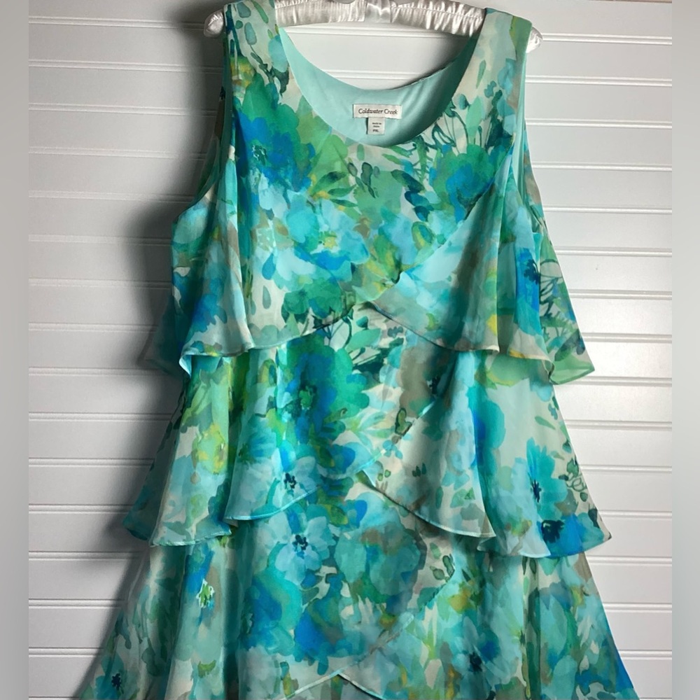 Coldwater Creek Light Blue& Green  tiered  Floral Midi Dress size PXL - Picture 2 of 12